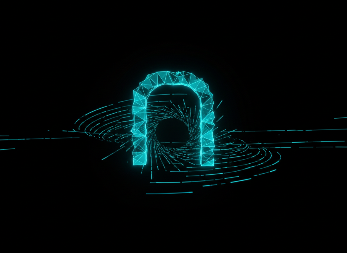 Abstract dark tech visualization of a policy validation gate with electric cyan geometric checkpoint
