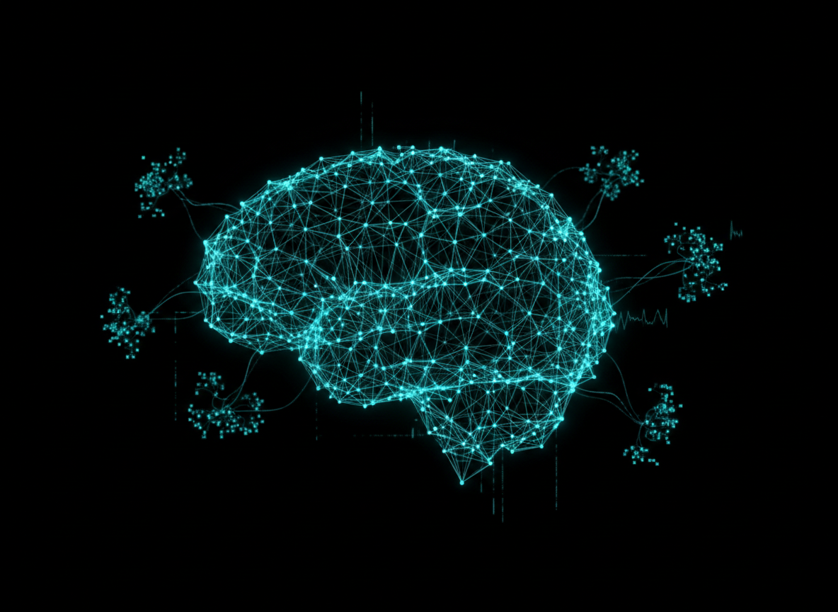 Abstract dark tech visualization of an on-device AI neural network with electric cyan node mesh