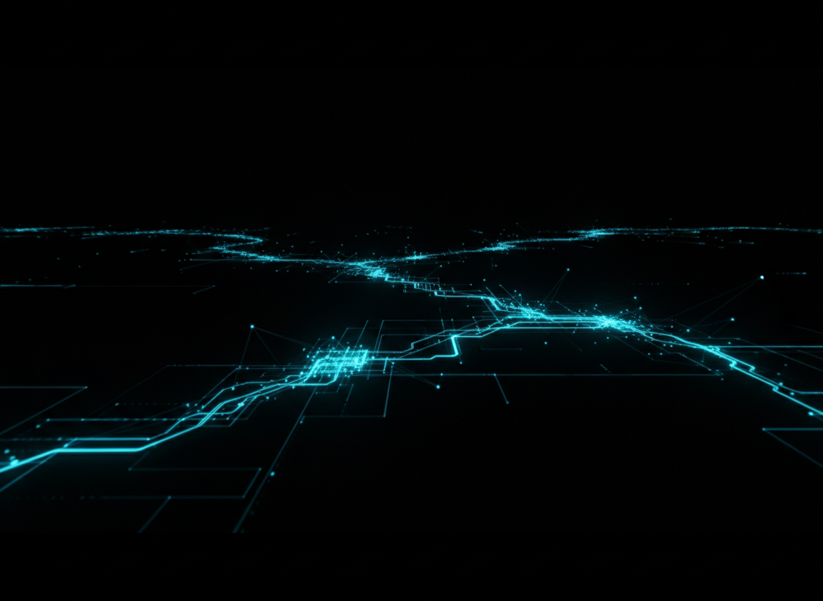 Cinematic ultra-dark space technology background with deep electric cyan glowing data streams and a faint network node constellation