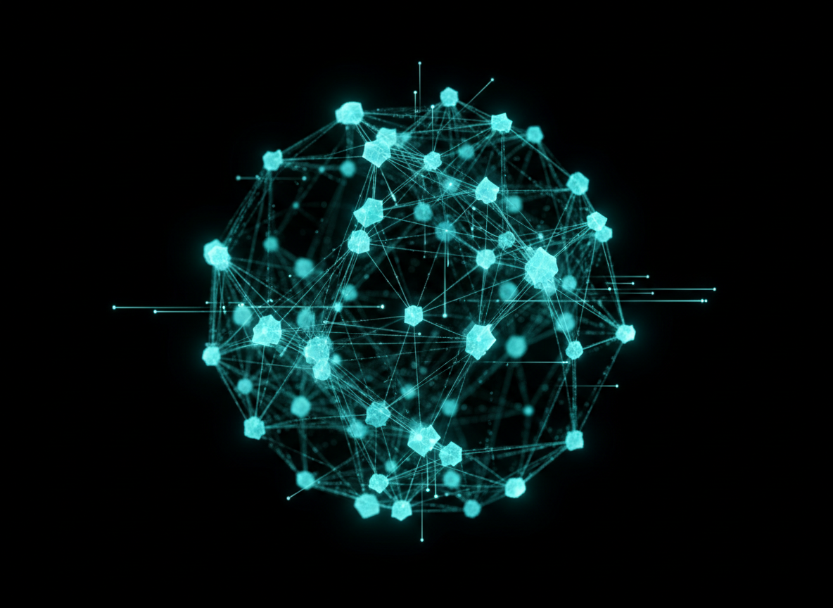 Abstract dark tech visualization of an API orchestration hub with electric cyan interconnected nodes