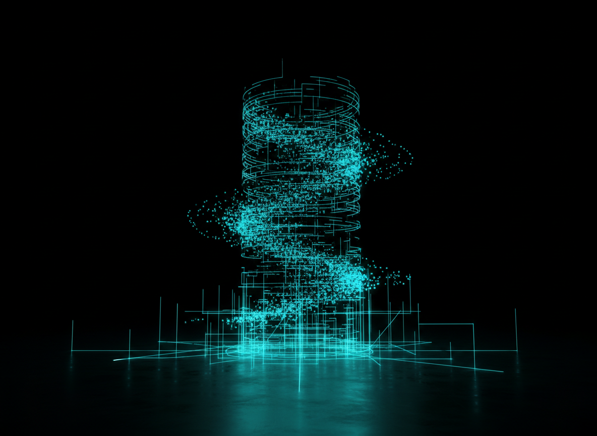 Abstract dark tech visualization of a local database storage core with electric cyan cylindrical data stack