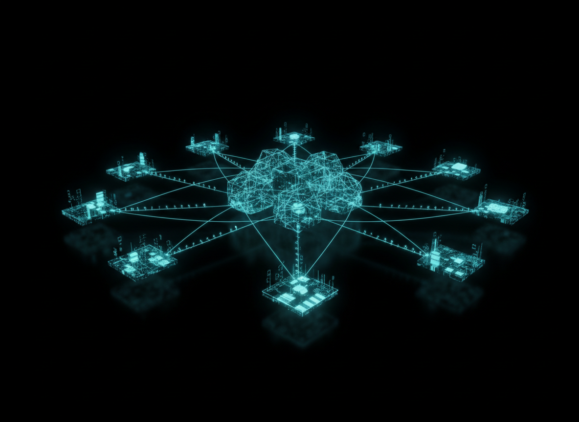 Abstract dark tech visualization of a cloud tool broker with electric cyan bridge nodes linking platforms