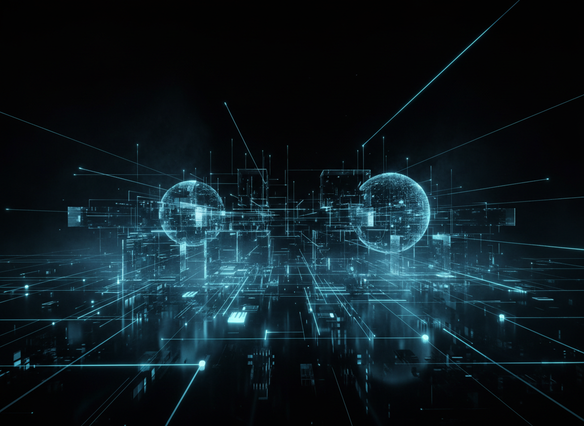 Dark cinematic network node visualization with electric cyan light trails and glowing circuit pathways